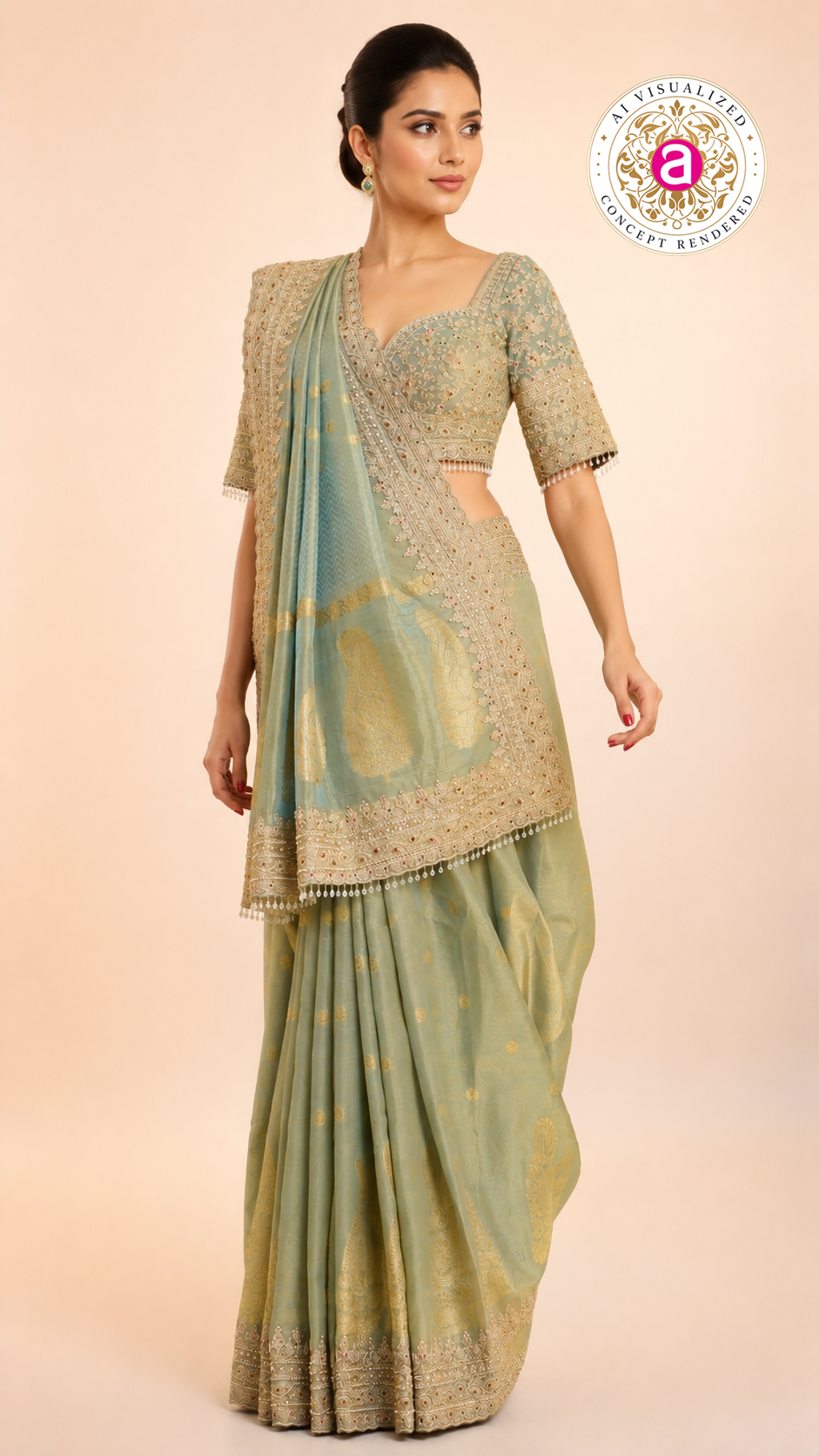 Pastel Sage Green Embroidered Designer Saree with Heavy Work Blouse