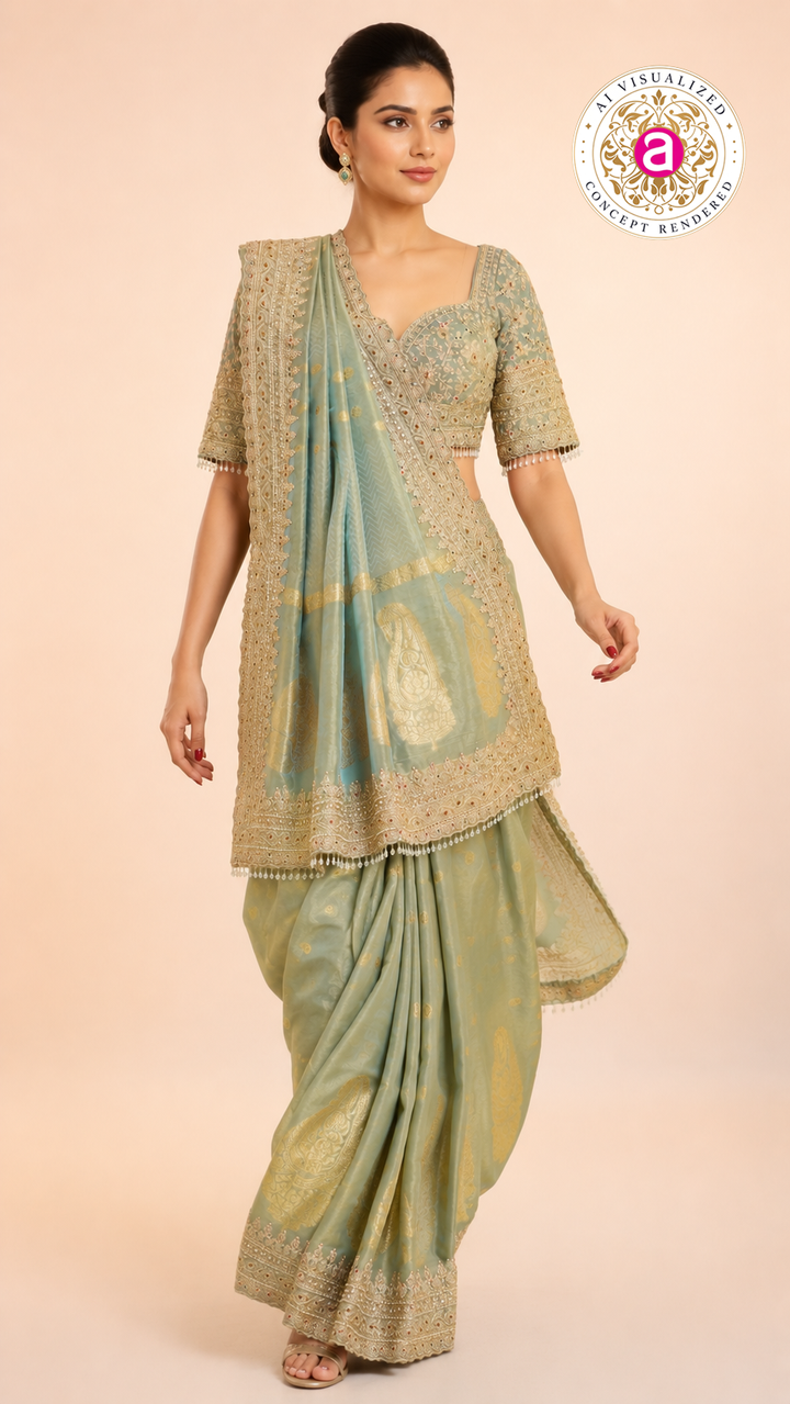 Pastel Sage Green Embroidered Designer Saree with Heavy Work Blouse