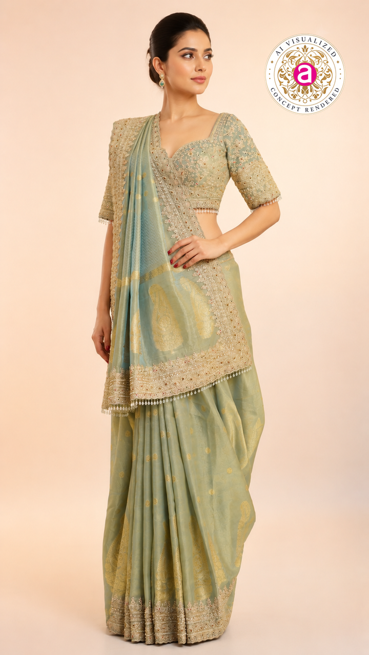Pastel Sage Green Embroidered Designer Saree with Heavy Work Blouse