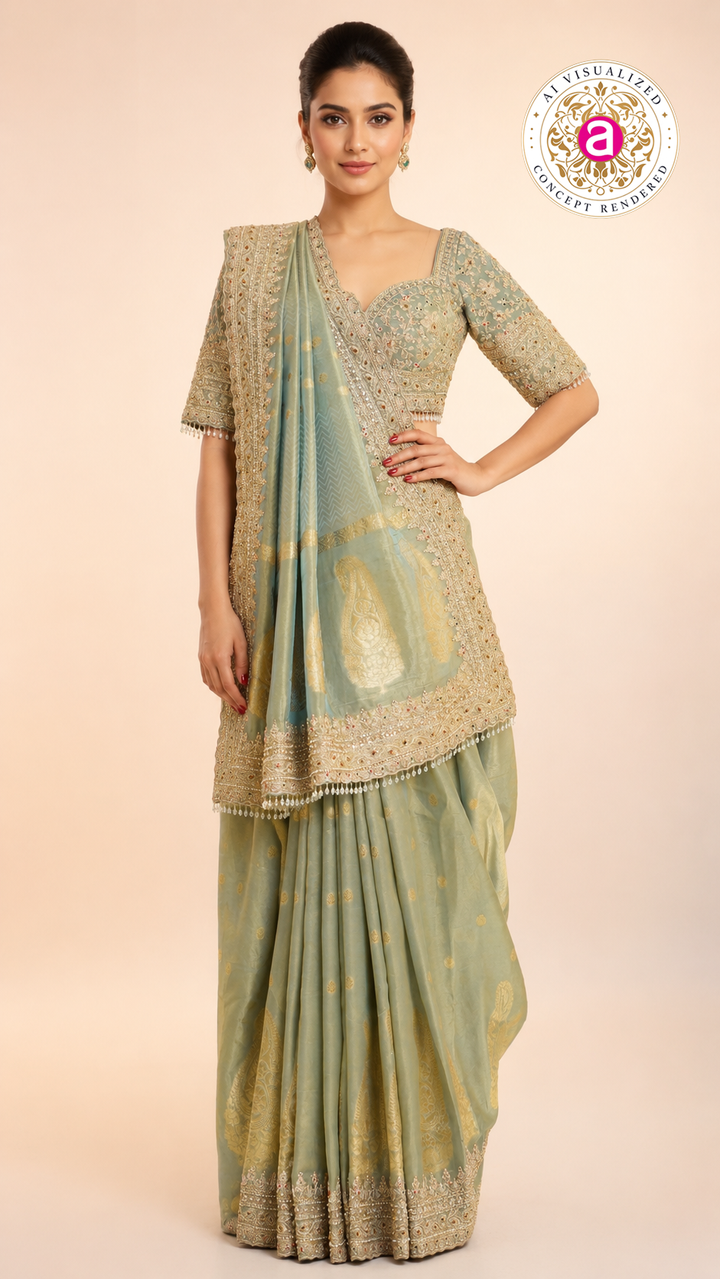 Pastel Sage Green Embroidered Designer Saree with Heavy Work Blouse
