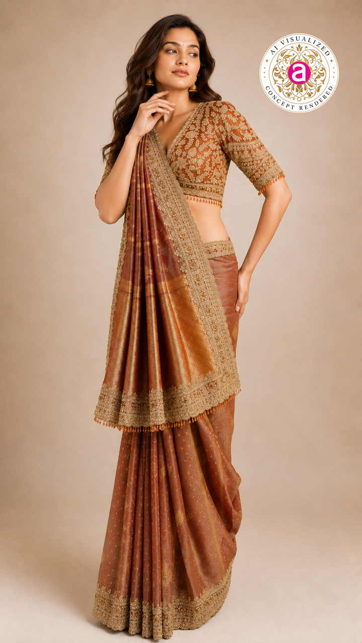 Rust Gold Designer Saree with Embroidered Blouse & Intricate Handcrafted Border