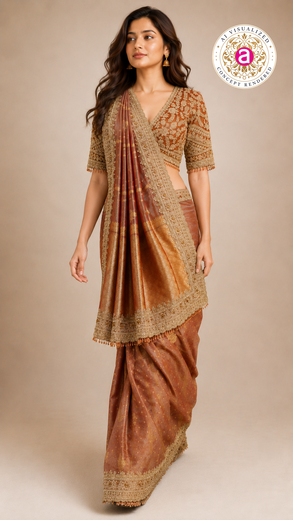 Rust Gold Designer Saree with Embroidered Blouse & Intricate Handcrafted Border
