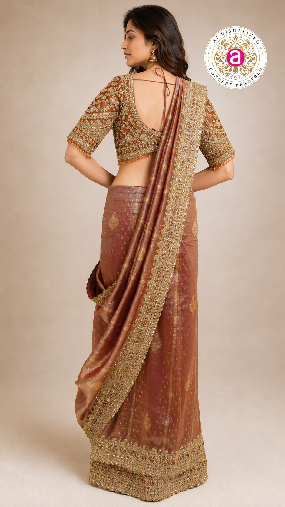 Rust Gold Designer Saree with Embroidered Blouse & Intricate Handcrafted Border