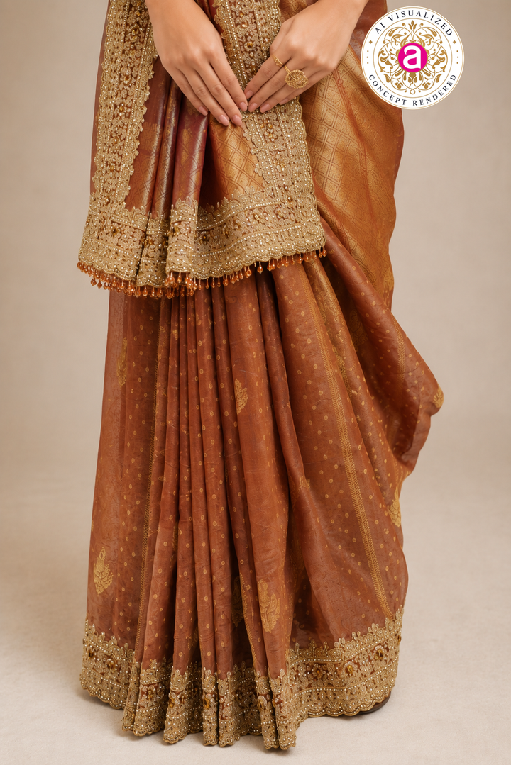 Rust Gold Designer Saree with Embroidered Blouse & Intricate Handcrafted Border