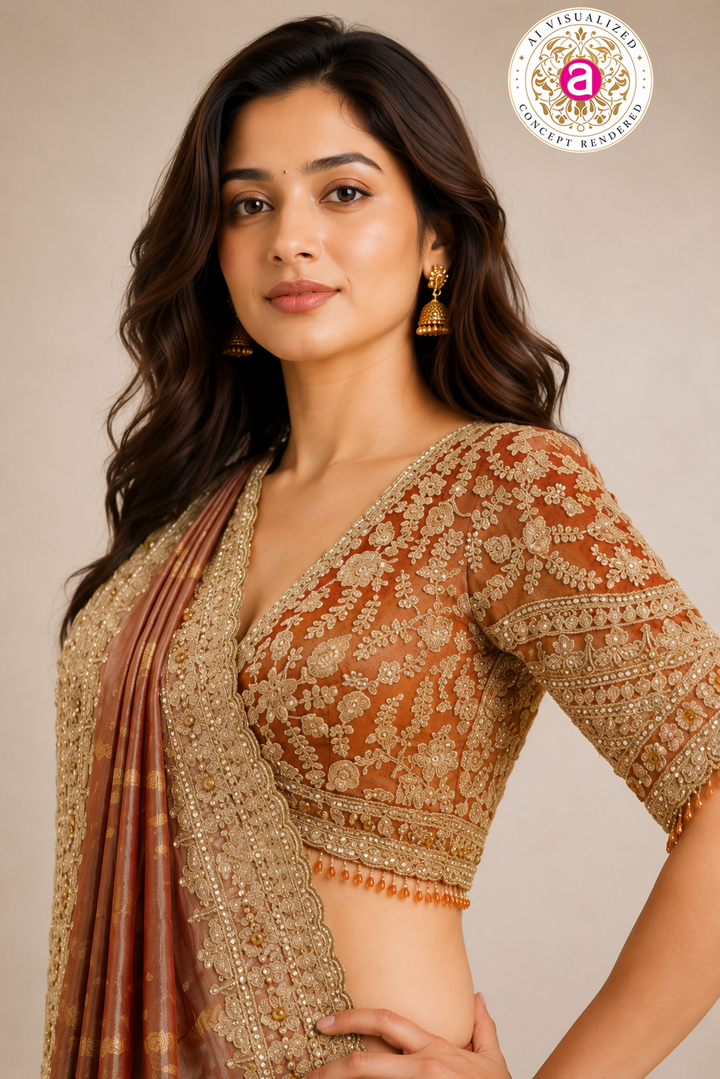 Rust Gold Designer Saree with Embroidered Blouse & Intricate Handcrafted Border