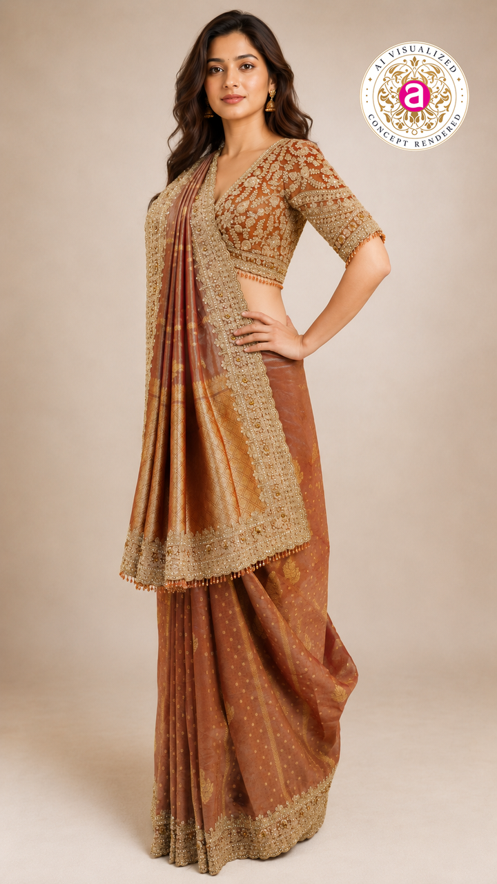 Rust Gold Designer Saree with Embroidered Blouse & Intricate Handcrafted Border