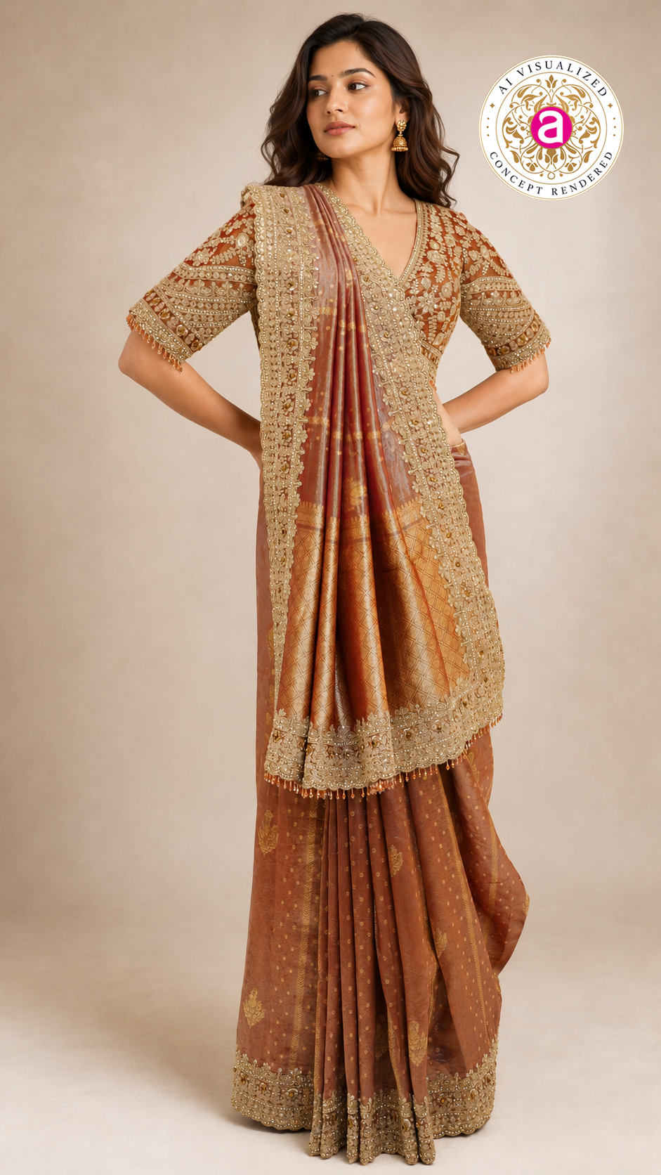 Rust Gold Designer Saree with Embroidered Blouse & Intricate Handcrafted Border