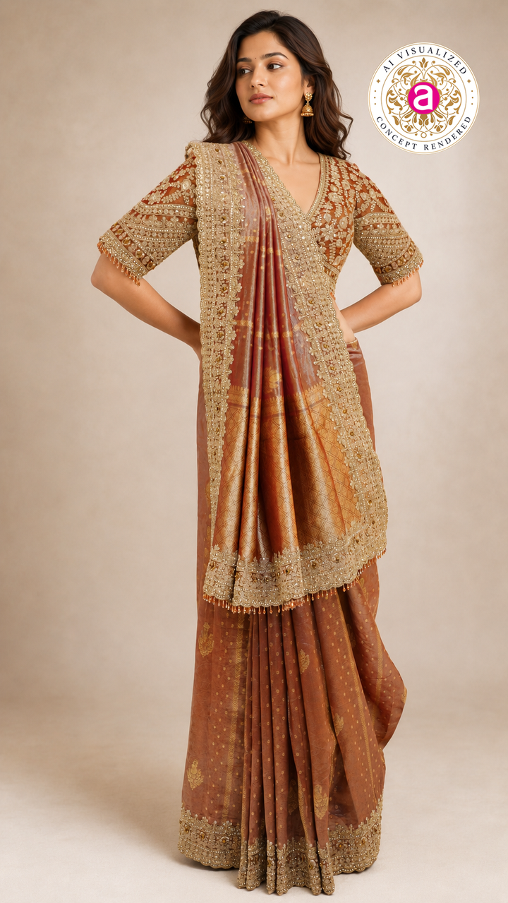 Rust Gold Designer Saree with Embroidered Blouse & Intricate Handcrafted Border