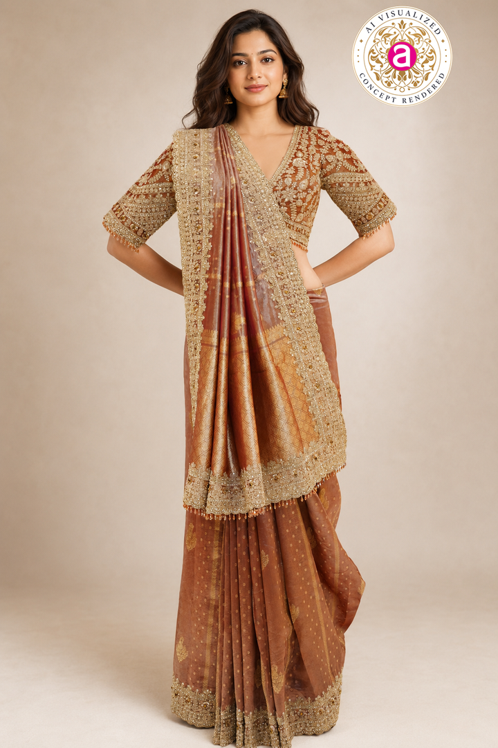 Rust Gold Designer Saree with Embroidered Blouse & Intricate Handcrafted Border