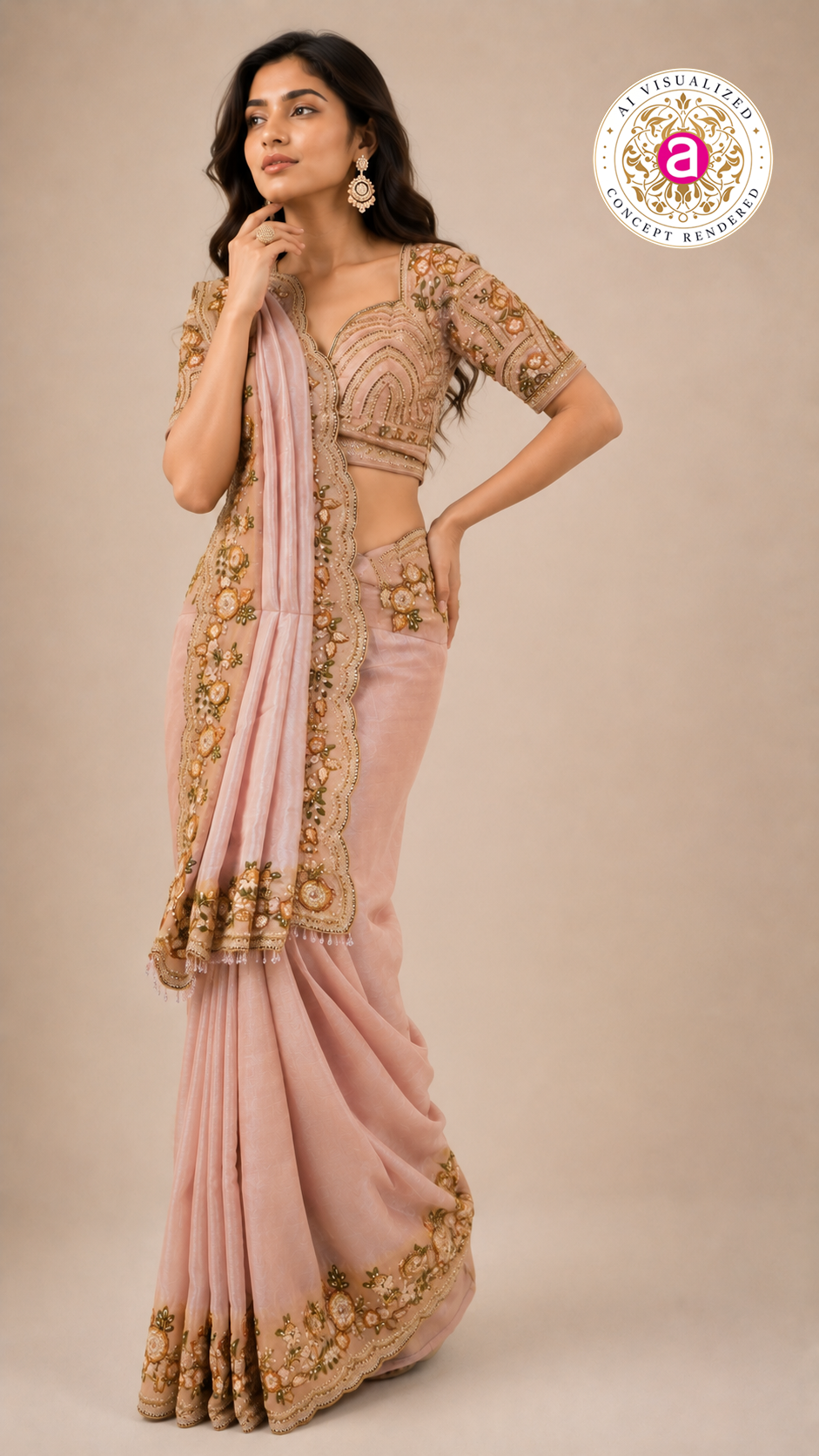 Blush Pink Designer Saree with Floral Embroidered Blouse & Elegant Cutwork Detailing