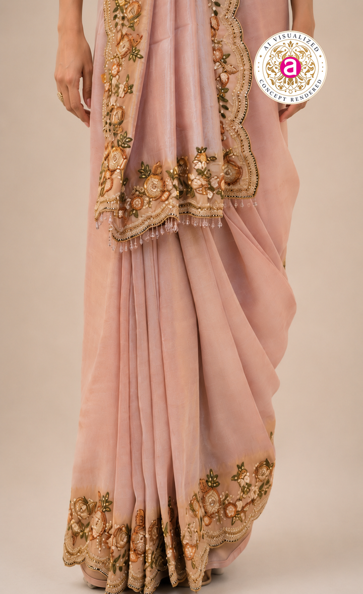 Blush Pink Designer Saree with Floral Embroidered Blouse & Elegant Cutwork Detailing