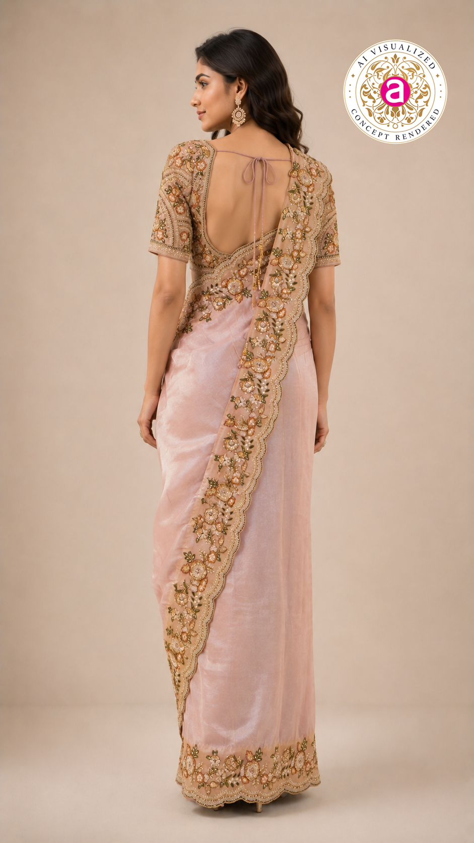 Blush Pink Designer Saree with Floral Embroidered Blouse & Elegant Cutwork Detailing