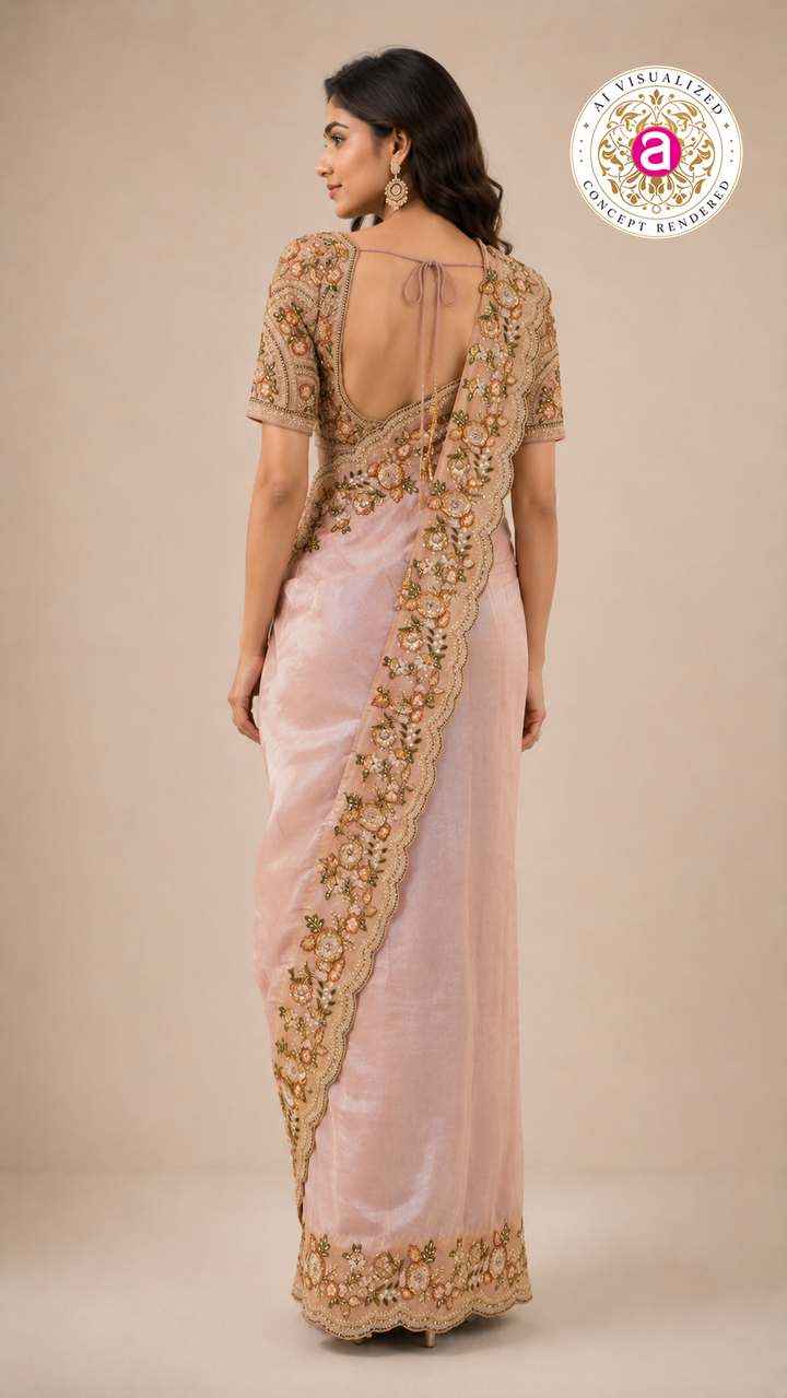 Blush Pink Designer Saree with Floral Embroidered Blouse & Elegant Cutwork Detailing