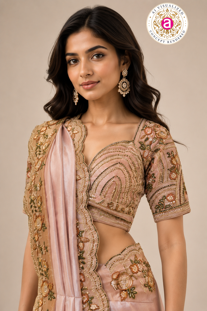 Blush Pink Designer Saree with Floral Embroidered Blouse & Elegant Cutwork Detailing