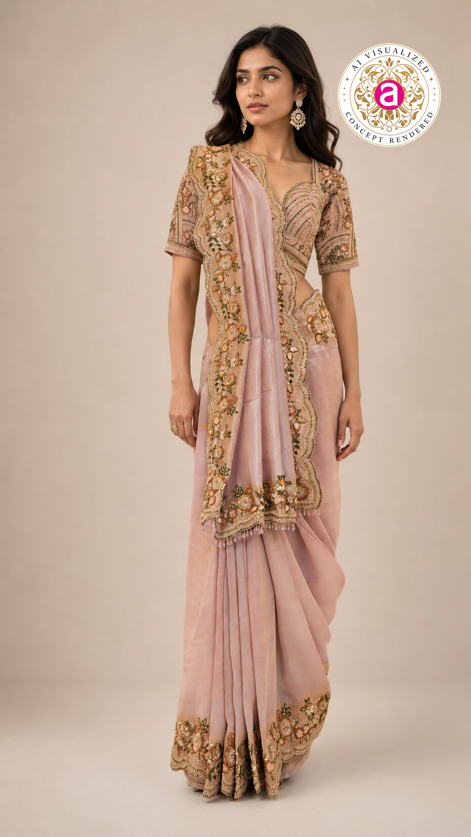 Blush Pink Designer Saree with Floral Embroidered Blouse & Elegant Cutwork Detailing