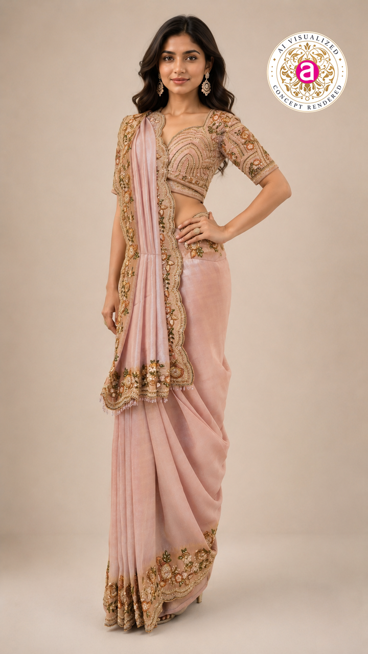 Blush Pink Designer Saree with Floral Embroidered Blouse & Elegant Cutwork Detailing