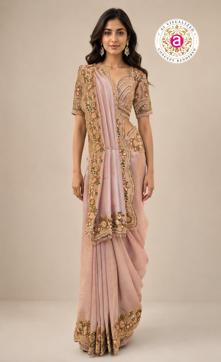 Blush Pink Designer Saree with Floral Embroidered Blouse & Elegant Cutwork Detailing