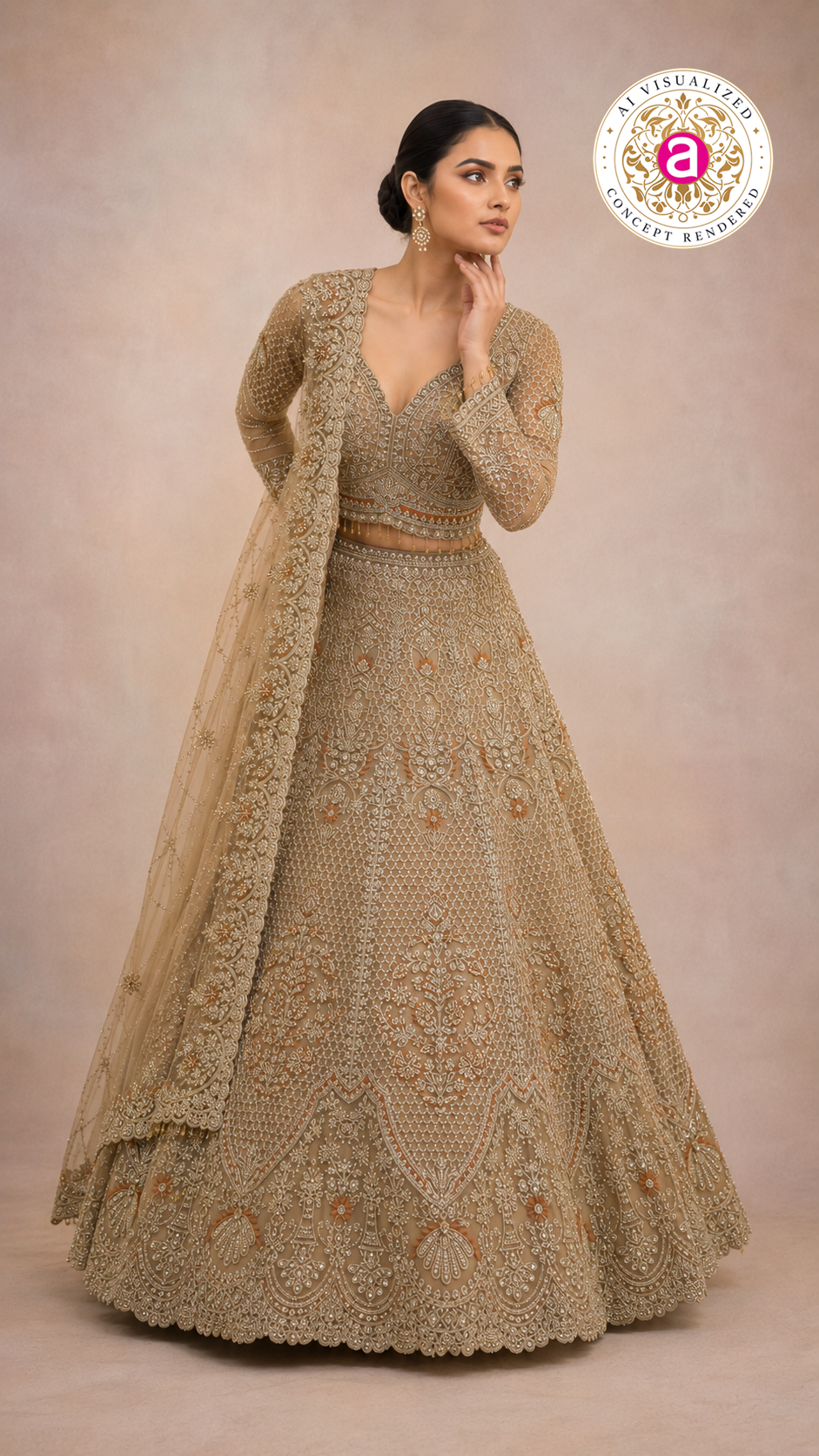 Champagne Gold Bridal Lehenga Set with Intricate Zardozi Embroidery & Luxury Net Dupatta