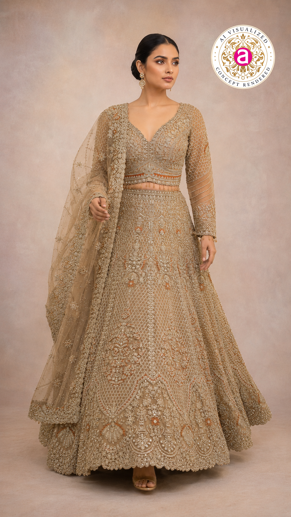 Champagne Gold Bridal Lehenga Set with Intricate Zardozi Embroidery & Luxury Net Dupatta