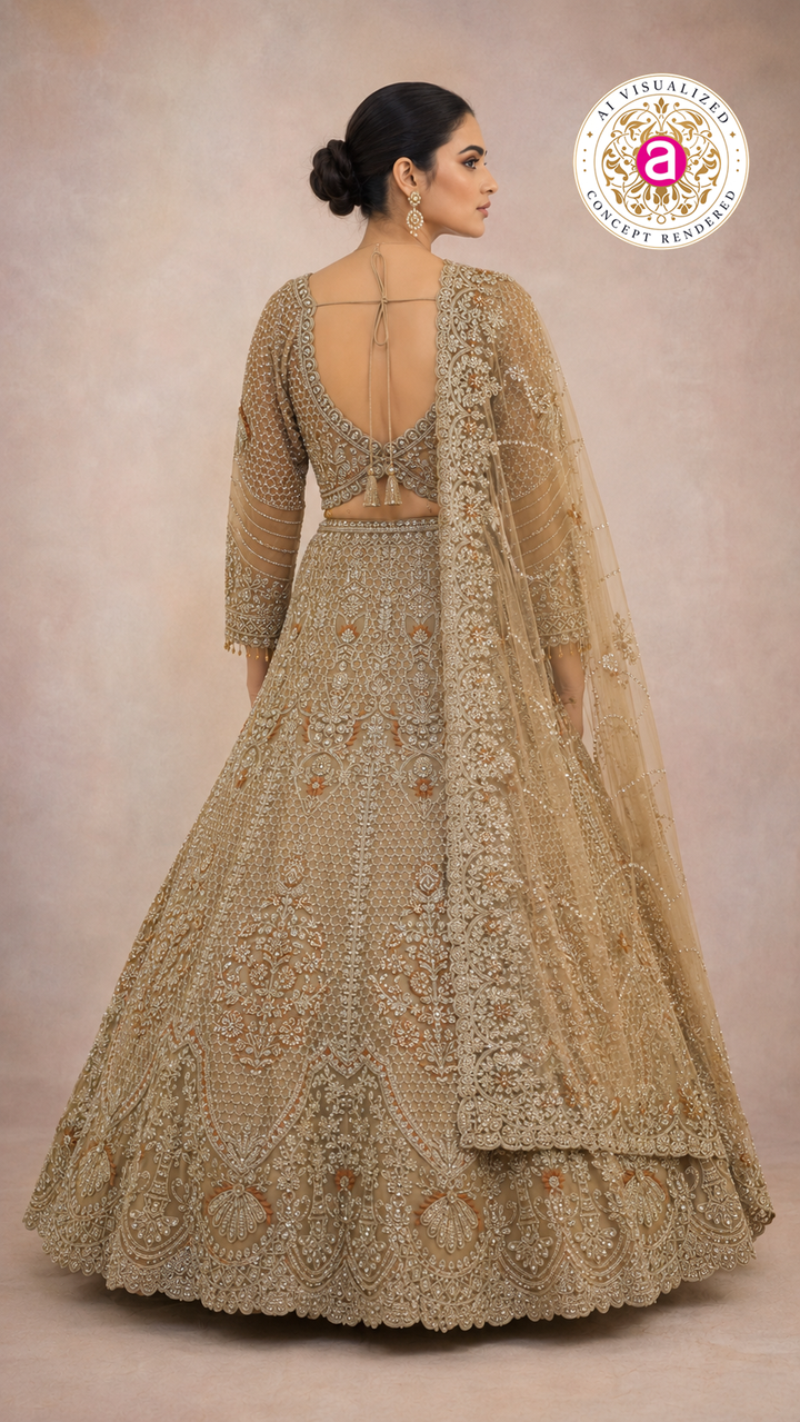 Champagne Gold Bridal Lehenga Set with Intricate Zardozi Embroidery & Luxury Net Dupatta