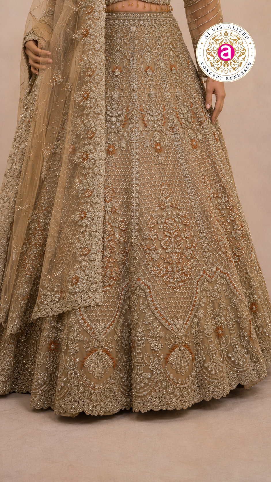 Champagne Gold Bridal Lehenga Set with Intricate Zardozi Embroidery & Luxury Net Dupatta