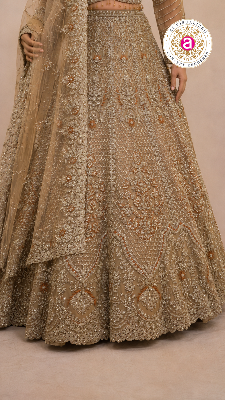 Champagne Gold Bridal Lehenga Set with Intricate Zardozi Embroidery & Luxury Net Dupatta