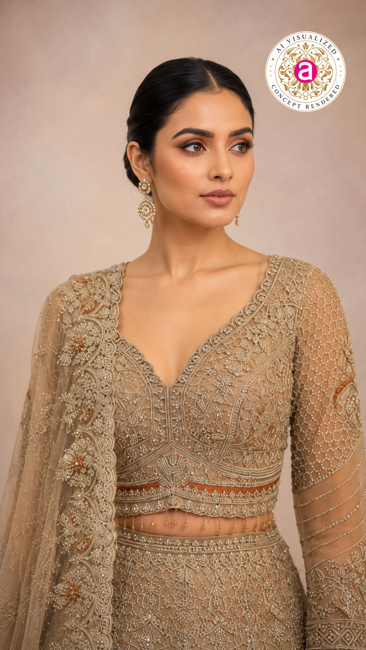Champagne Gold Bridal Lehenga Set with Intricate Zardozi Embroidery & Luxury Net Dupatta