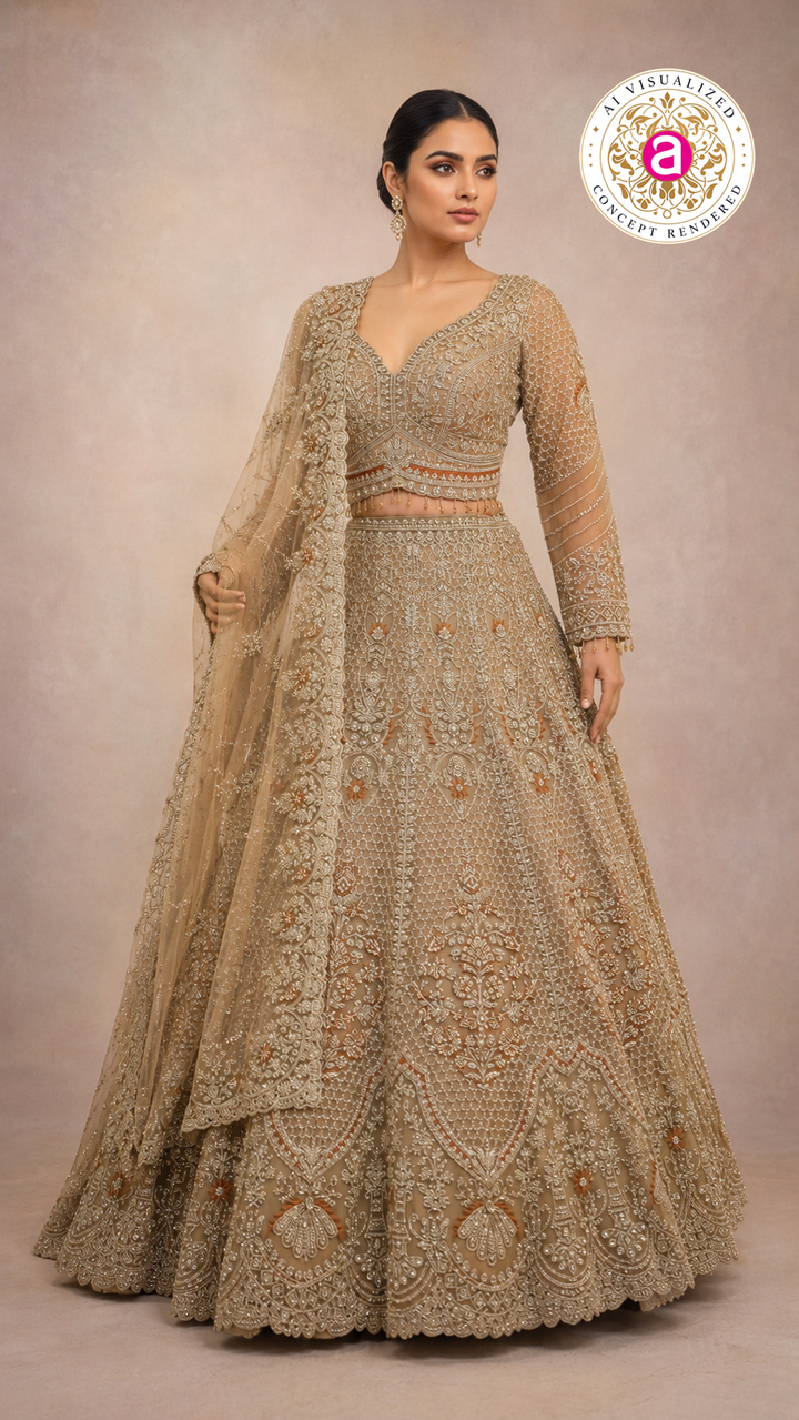 Champagne Gold Bridal Lehenga Set with Intricate Zardozi Embroidery & Luxury Net Dupatta