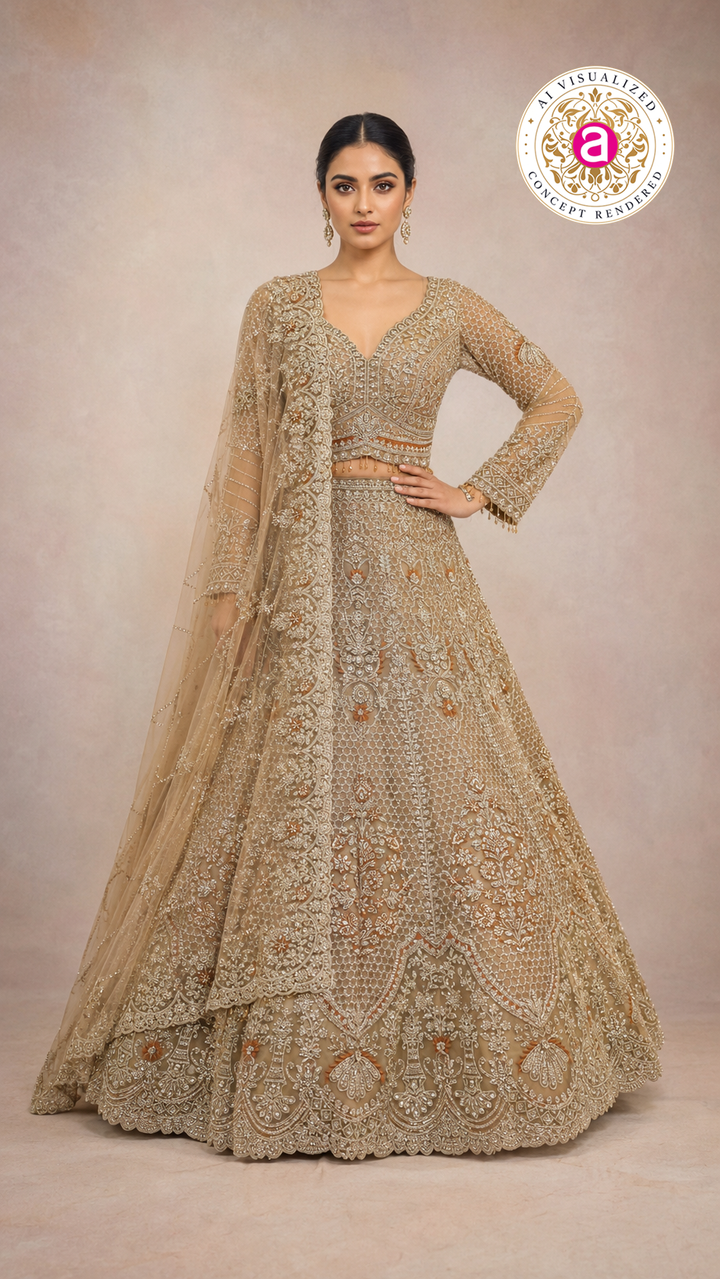 Champagne Gold Bridal Lehenga Set with Intricate Zardozi Embroidery & Luxury Net Dupatta