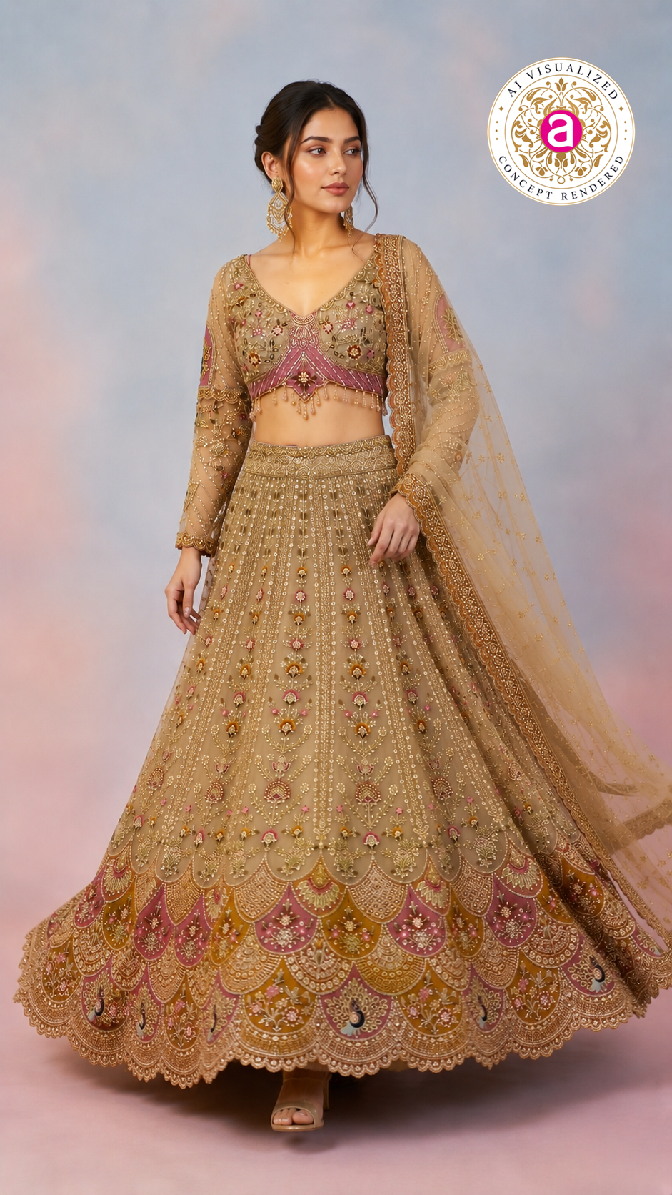 Beige Gold Designer Lehenga Set with Floral Embroidery & Embellished Net Dupatta