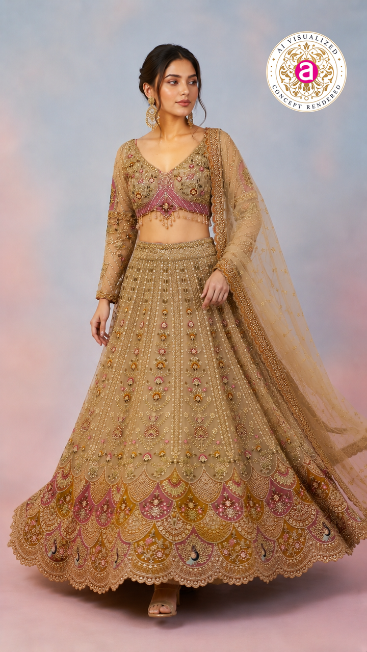 Beige Gold Designer Lehenga Set with Floral Embroidery & Embellished Net Dupatta