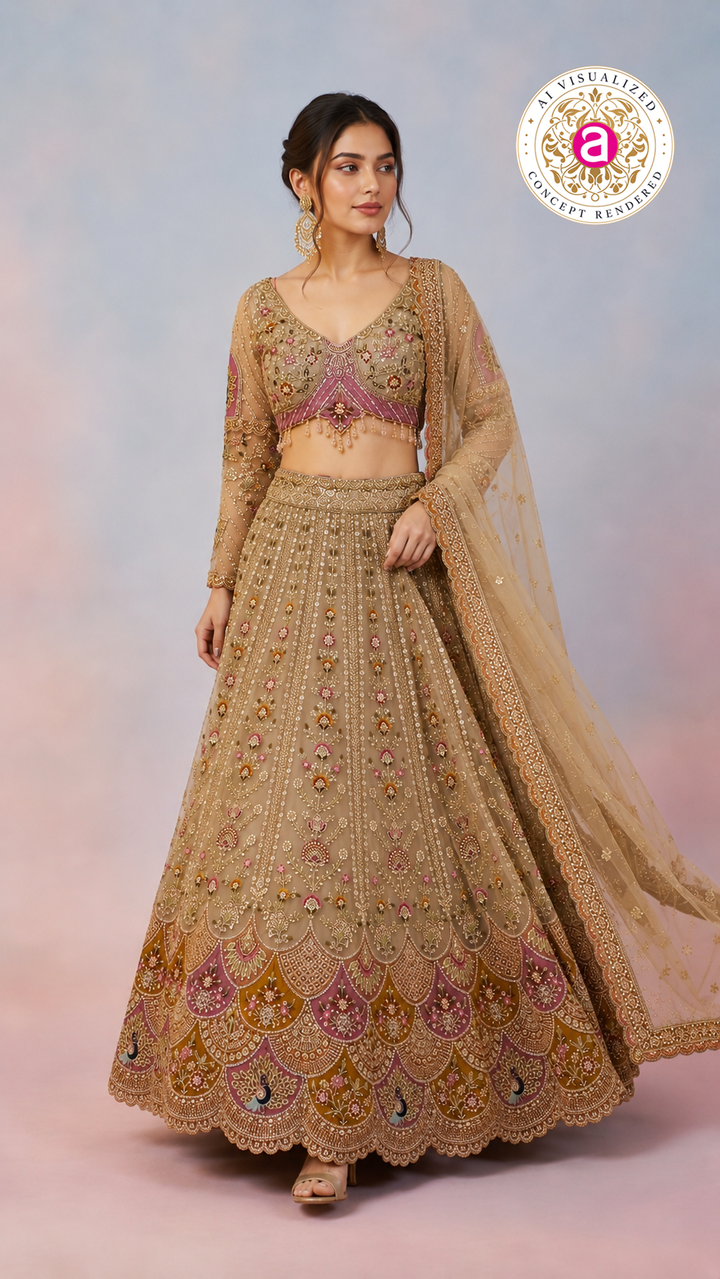 Beige Gold Designer Lehenga Set with Floral Embroidery & Embellished Net Dupatta