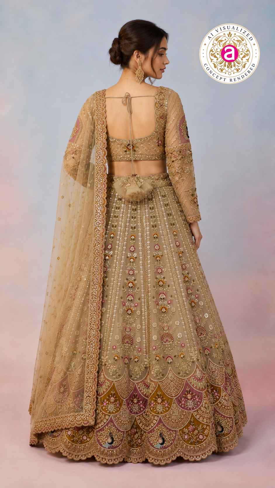 Beige Gold Designer Lehenga Set with Floral Embroidery & Embellished Net Dupatta