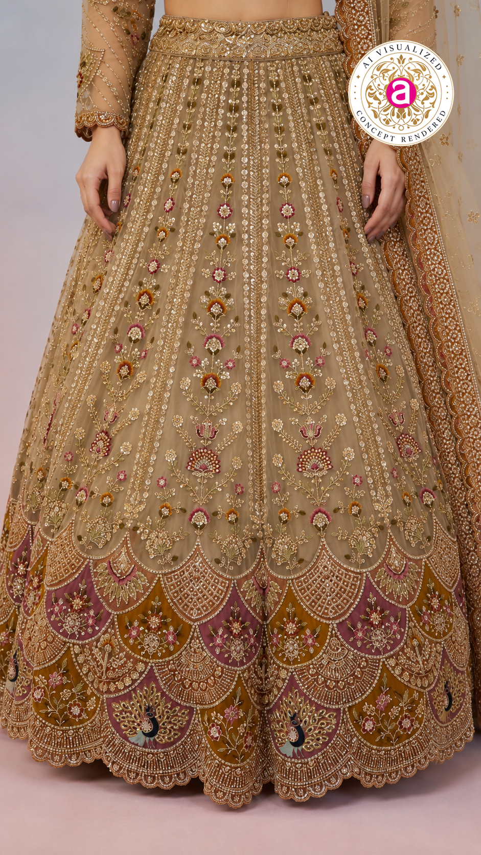 Beige Gold Designer Lehenga Set with Floral Embroidery & Embellished Net Dupatta
