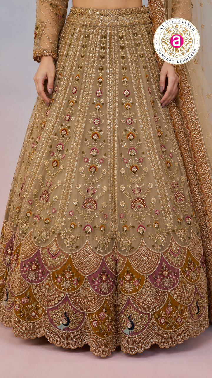Beige Gold Designer Lehenga Set with Floral Embroidery & Embellished Net Dupatta