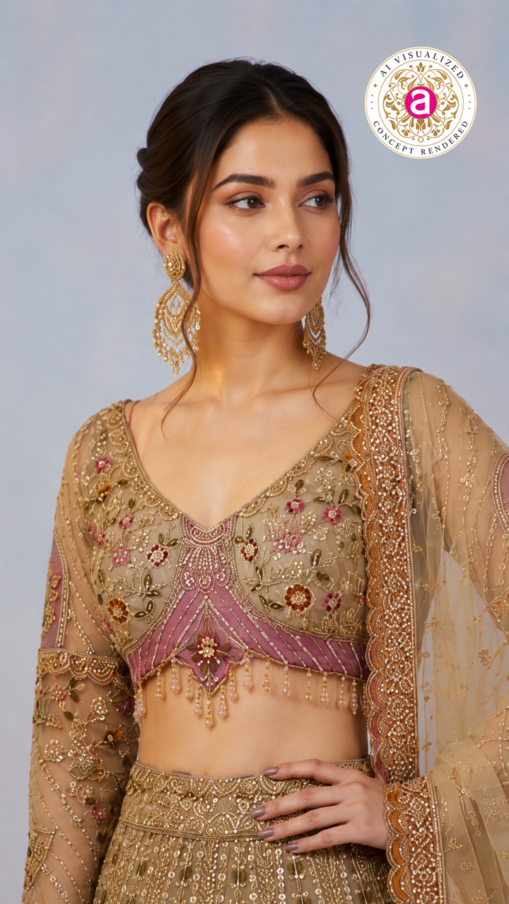 Beige Gold Designer Lehenga Set with Floral Embroidery & Embellished Net Dupatta