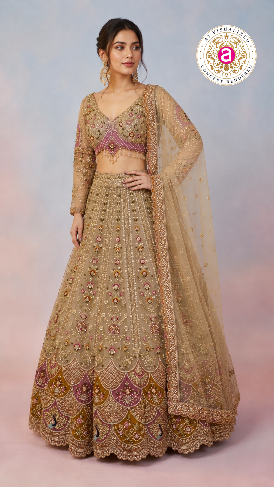 Beige Gold Designer Lehenga Set with Floral Embroidery & Embellished Net Dupatta