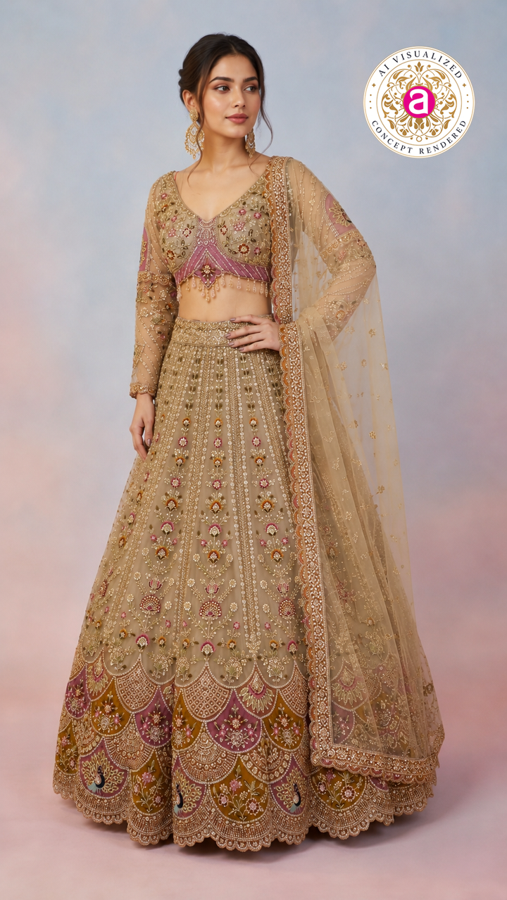 Beige Gold Designer Lehenga Set with Floral Embroidery & Embellished Net Dupatta
