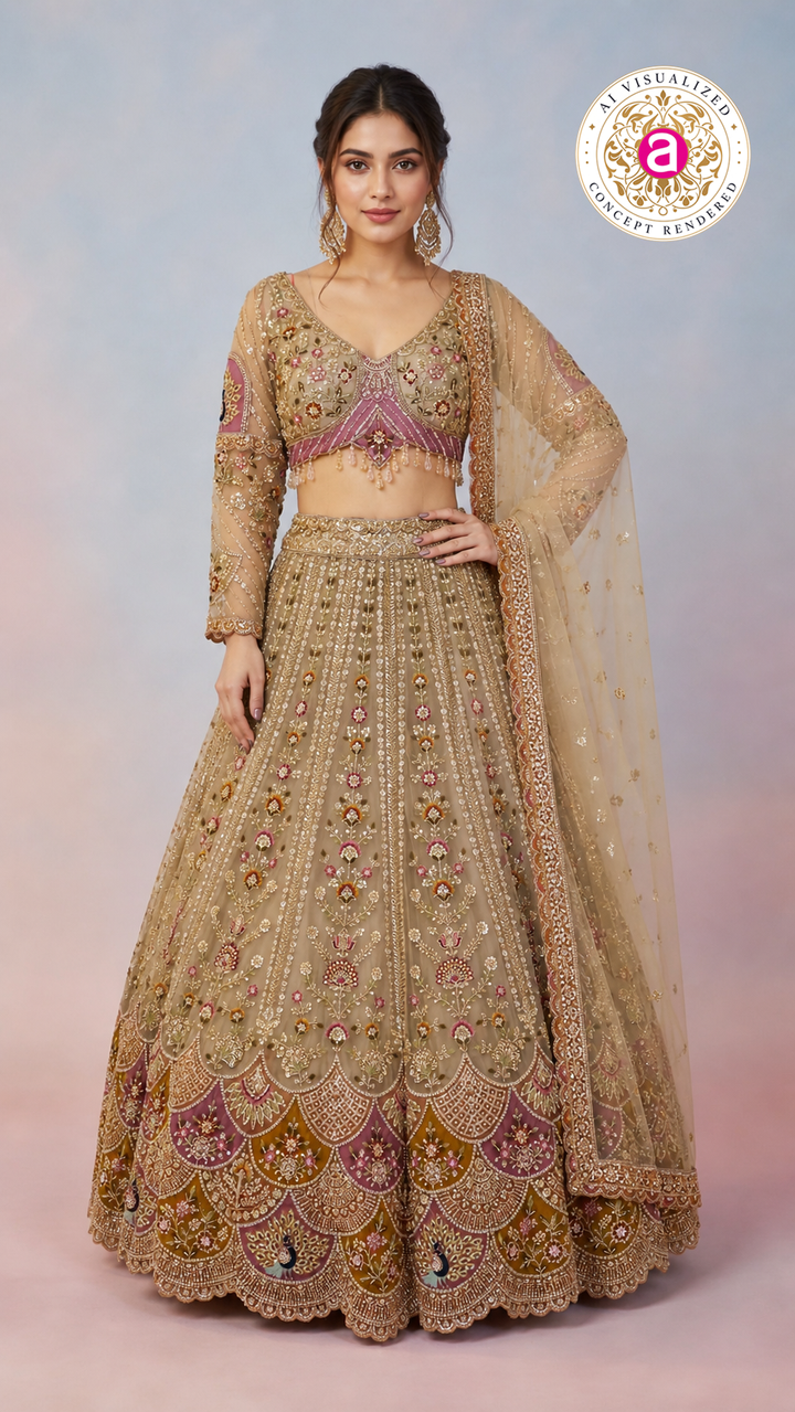 Beige Gold Designer Lehenga Set with Floral Embroidery & Embellished Net Dupatta