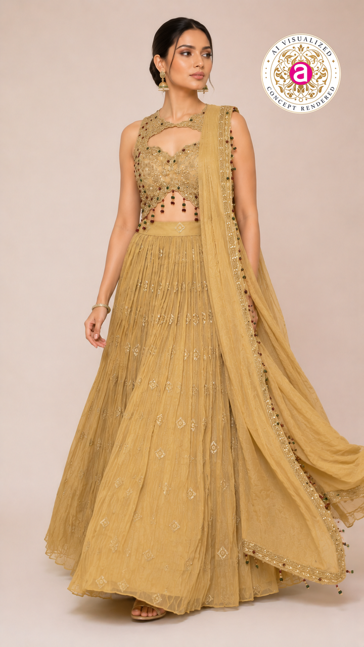 Mustard Gold Indo-Western Lehenga Set with Embellished Crop Blouse & Draped Dupatta