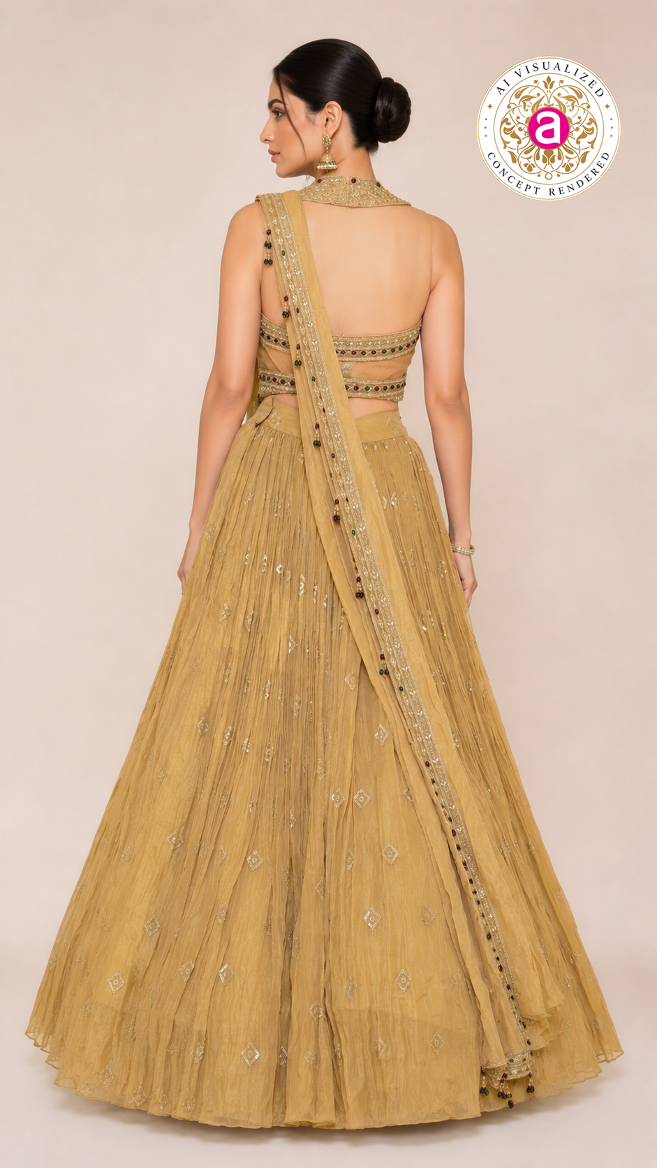 Mustard Gold Indo-Western Lehenga Set with Embellished Crop Blouse & Draped Dupatta