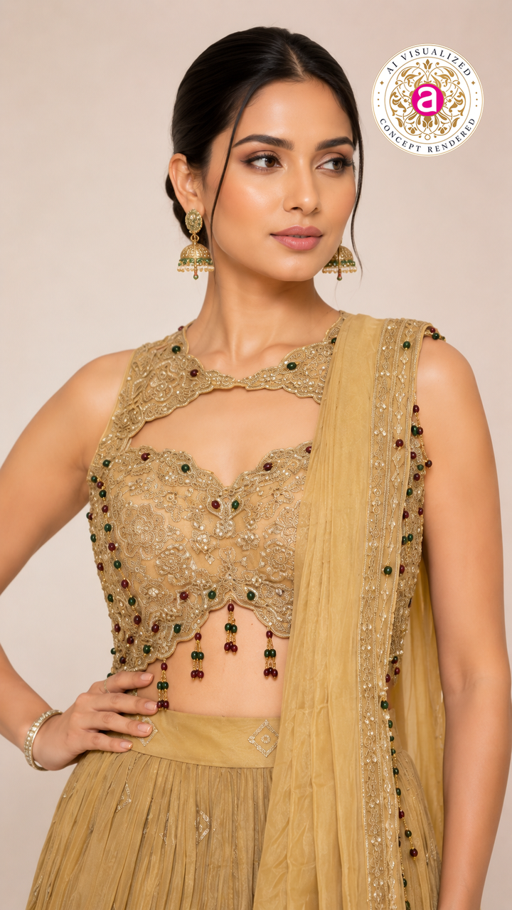 Mustard Gold Indo-Western Lehenga Set with Embellished Crop Blouse & Draped Dupatta