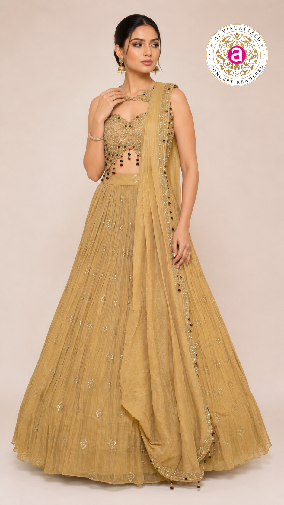 Mustard Gold Indo-Western Lehenga Set with Embellished Crop Blouse & Draped Dupatta
