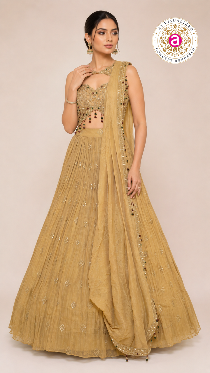Mustard Gold Indo-Western Lehenga Set with Embellished Crop Blouse & Draped Dupatta