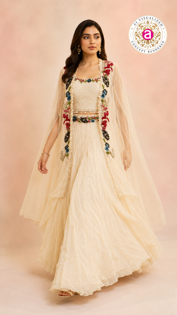 Ivory Indo-Western Fusion Lehenga Set with Floral Embroidered Cape Jacket