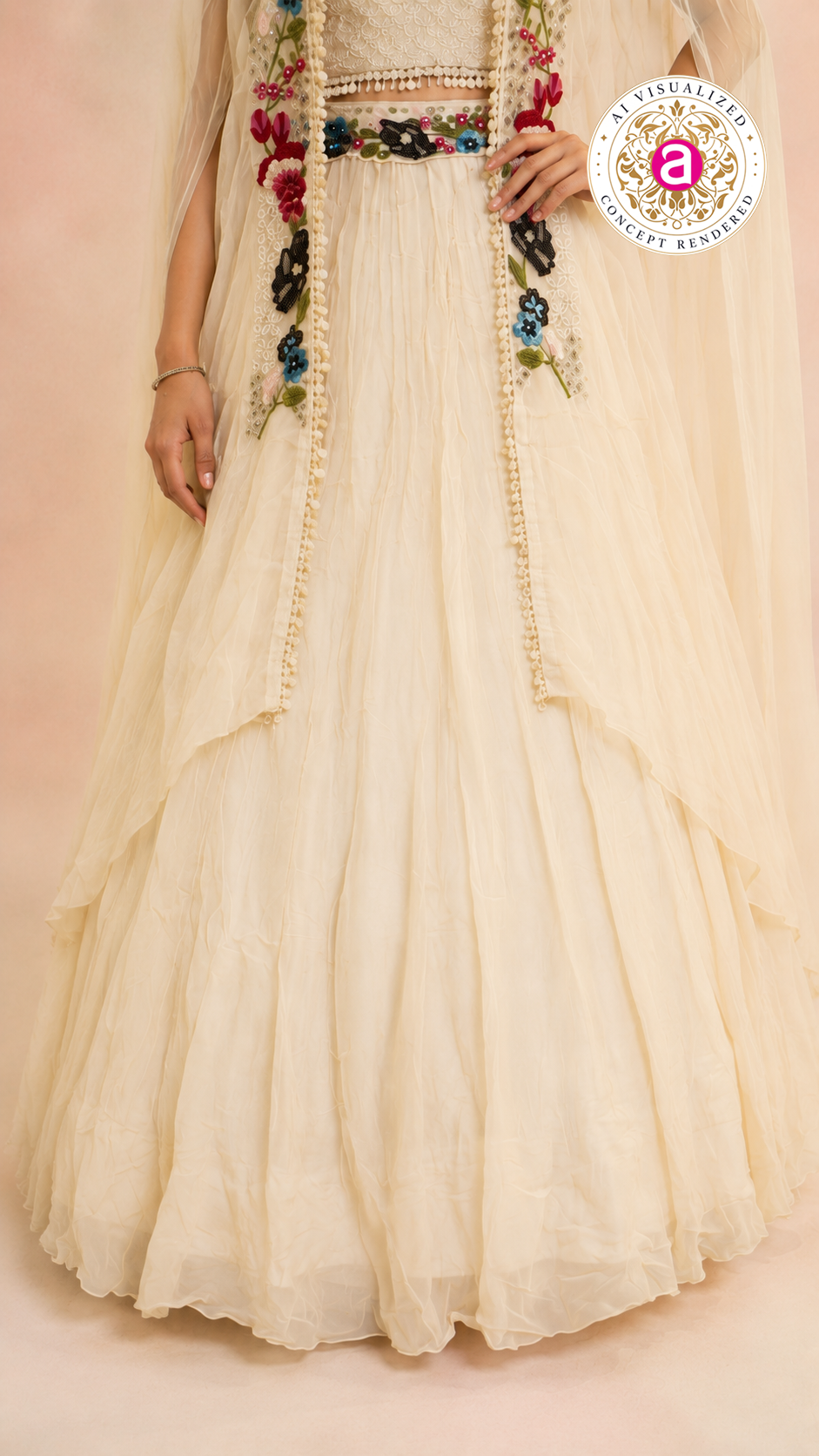 Ivory Indo-Western Fusion Lehenga Set with Floral Embroidered Cape Jacket