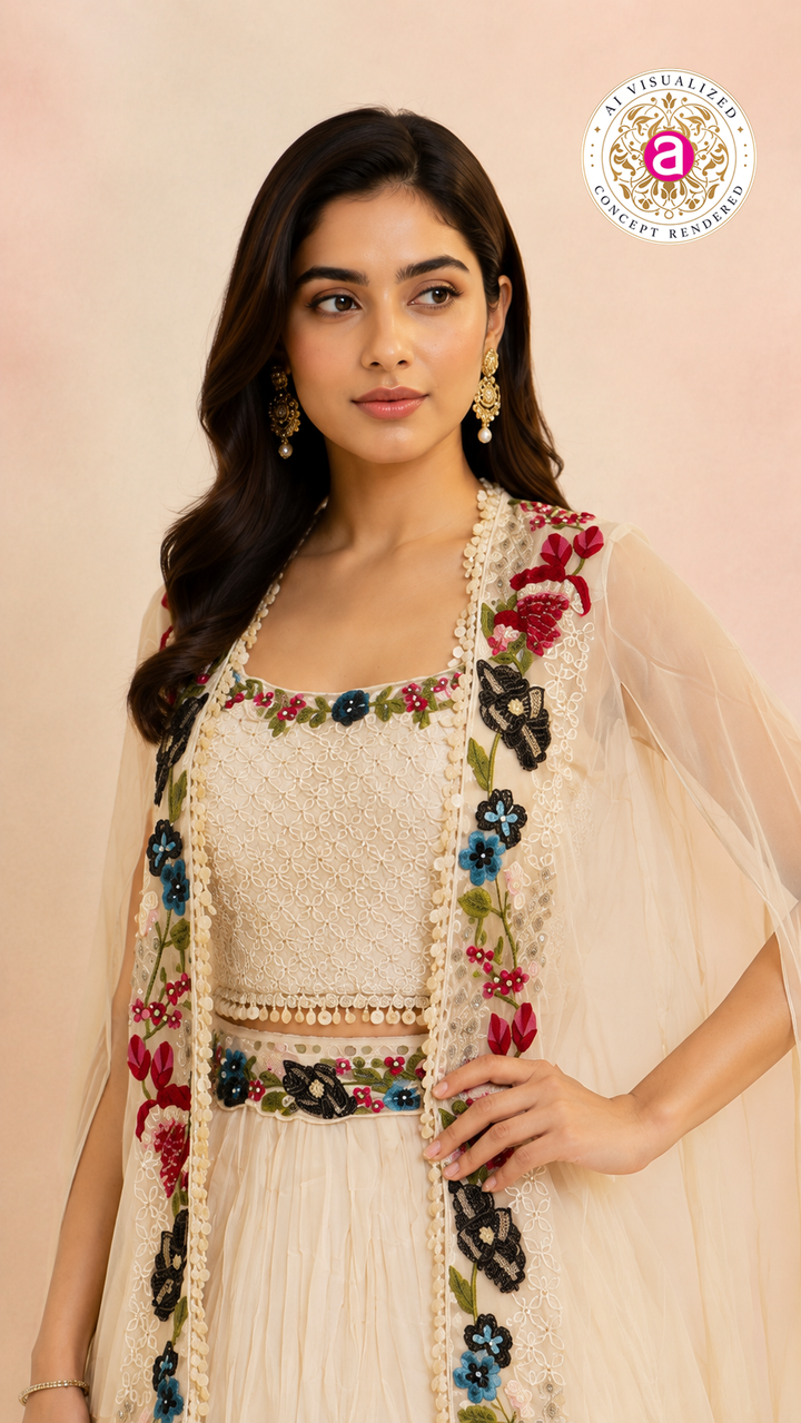 Ivory Indo-Western Fusion Lehenga Set with Floral Embroidered Cape Jacket