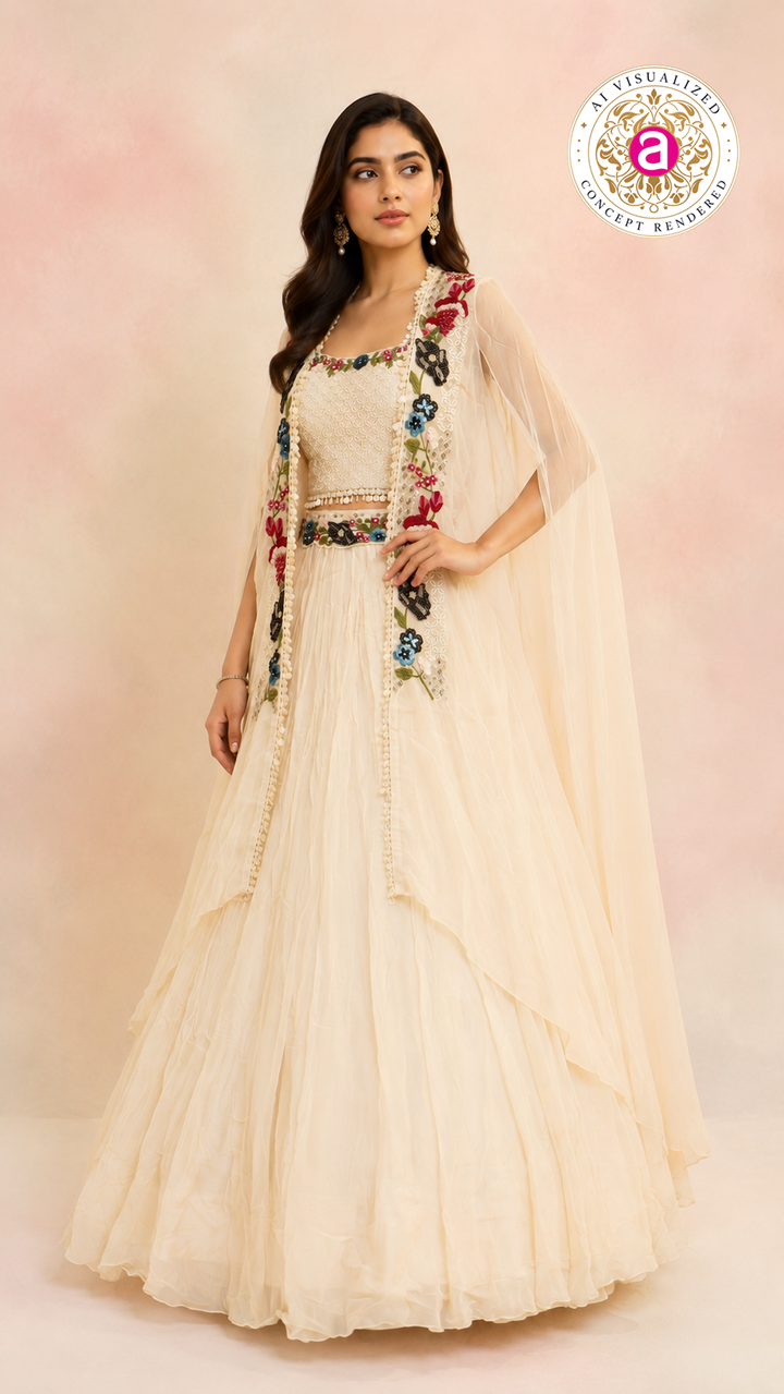 Ivory Indo-Western Fusion Lehenga Set with Floral Embroidered Cape Jacket