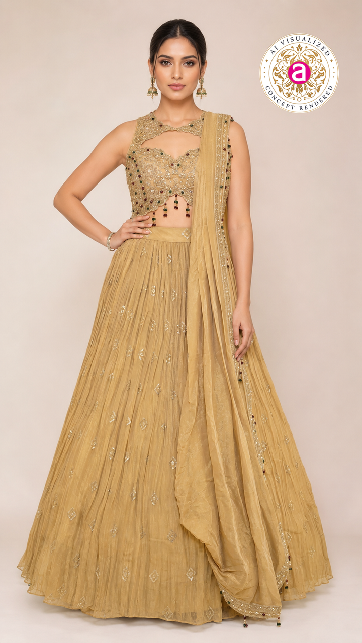 Mustard Gold Indo-Western Lehenga Set with Embellished Crop Blouse & Draped Dupatta