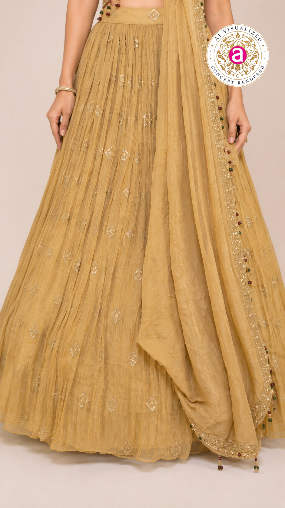 Mustard Gold Indo-Western Lehenga Set with Embellished Crop Blouse & Draped Dupatta